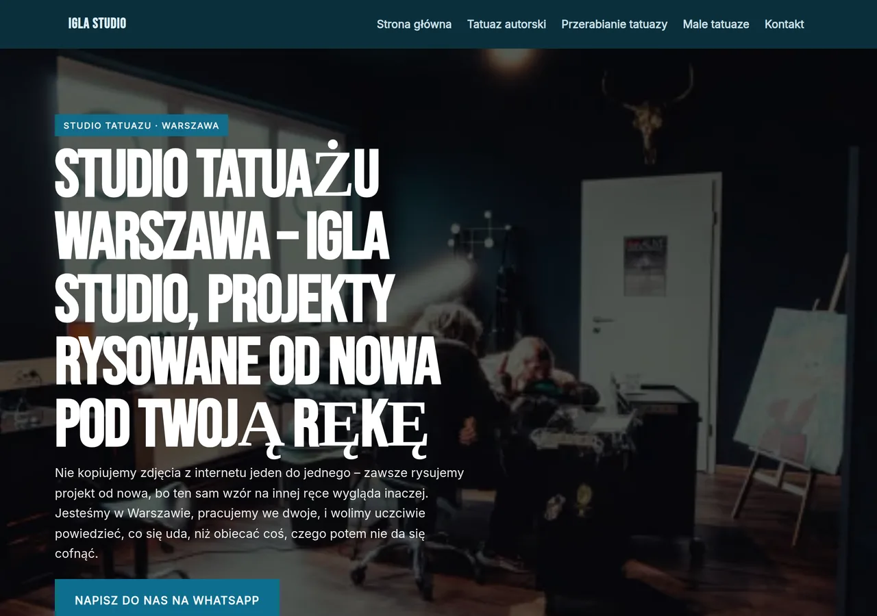 Studio di tatuaggi a Varsavia — sito web fatto con Keepyz, look Urbano